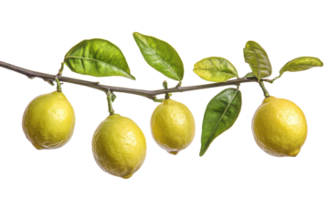 Ripe lemons hanging from a branch with green leaves isolated on transparent background. Fresh delicious lemons on branch isolated on white background.