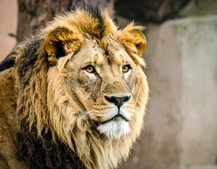 Close-up lion portrait in zoo setting
