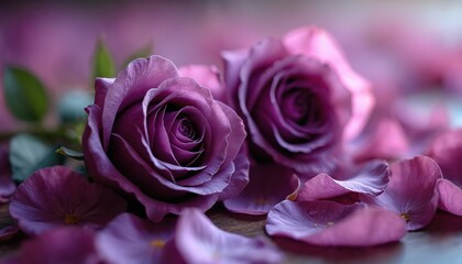 Fototapeta premium Macro shot of two purple roses with scattered petals. Delicate blooms show soft texture, vibrant colors. Focus on intricate details, suitable for romantic themes, weddings, celebrations, garden