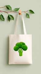Eco-friendly tote bag with broccoli design hanging on hook