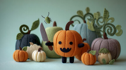 Cute Felt Pumpkin Character with Knife Surrounded by Pumpkins and Vines