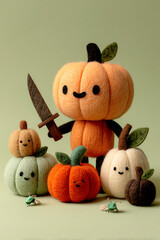 Cute Felt Pumpkin Head Character Holding Knife and Pumpkin with Autumn Gourds