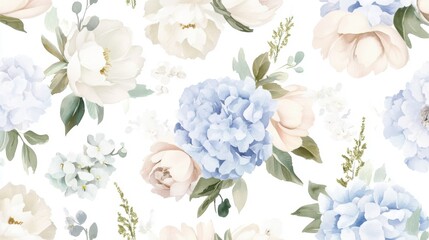 Seamless Watercolor Floral Border with Hydrangea, Myosotis, Rose, Flowers with Leaves on White Background, Fashion, Fabric Patterns, Wallpapers, Prints, Wedding invitations, clipart