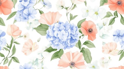 Seamless Watercolor Floral Border with Hydrangea, Myosotis, Rose, Flowers with Leaves on White Background, Fashion, Fabric Patterns, Wallpapers, Prints, Wedding invitations, clipart