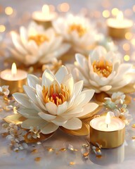 festive arrangement of white lotus flowers with golden candles, spiritual sacred setting, cinematic soft glow, shallow depth of field, photorealistic details, ultra-detailed