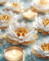 festive arrangement of white lotus flowers with golden candles, spiritual sacred setting, cinematic soft glow, shallow depth of field, photorealistic details, ultra-detailed