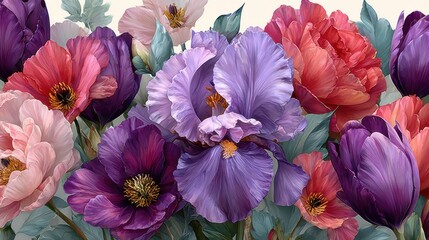 Seamless Watercolor Floral Border with Hydrangea, Myosotis, Rose, Flowers with Leaves on White Background, Fashion, Fabric Patterns, Wallpapers, Prints, Wedding invitations, clipart