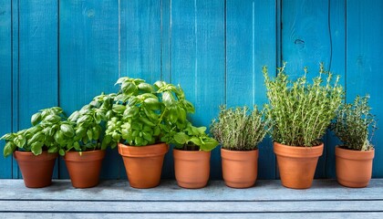 fresh thyme and basil plants in terracotta pots brighten a blue wooden wall
