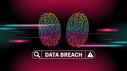 Data breach concept with fingerprint and search bar on dark background, security vulnerability and information leak, cybercrime