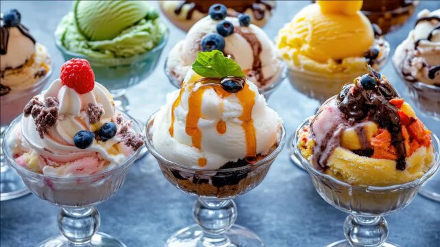 Variety of ice cream sundaes in clear glasses.