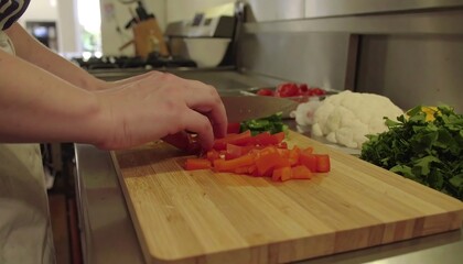 Close-up of hands chopping red bell pepper