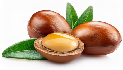isolated argan nuts with oil and leaf