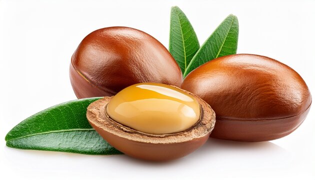isolated argan nuts with oil and leaf