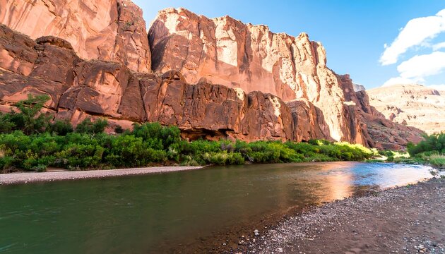 Majestic red rock formations bordering a serene river landscape, blue sky