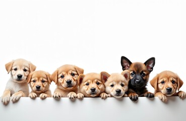 Fototapeta na wymiar Group of adorable puppies, kittens peek over white banner. Perfect for pet store ads, vet clinics, animal adoption promotions. Blank space for text invites commercial use. Cute animals pose together.