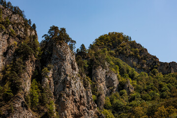 Rocky mountain landscape in the Caucasus region. Steep cliffs rise above lush green vegetation under a clear blue sky.