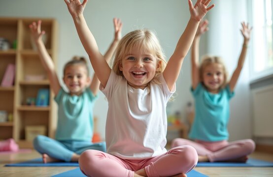 Preschool children enjoy yoga class in bright classroom. Teacher leads group activity session with young students practicing poses on mats. Focus on fun learning, physical engagement in kindergarten.