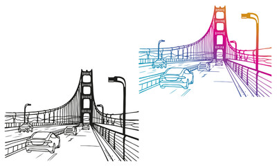 Nice view on Golden Gate Bridge. San Francisco, USA. Hand drawn line sketch. Ink drawing. Colorful and black and white vector illustration on white.	