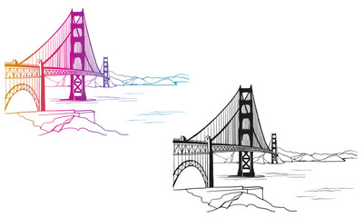 Nice view on Golden Gate Bridge. San Francisco, USA. Hand drawn line sketch. Ink drawing. Colorful and black and white vector illustration on white.	