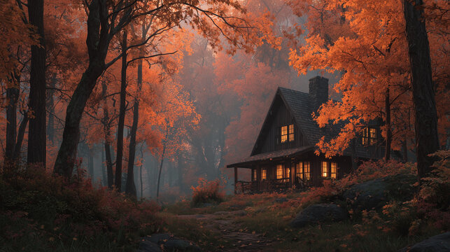 Autumn forest cabin with warm glowing windows at dusk