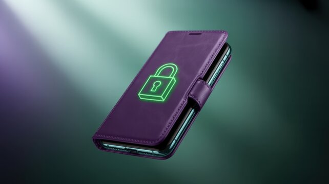 A smartphone in a purple wallet case with a glowing green padlock, representing security, privacy, and digital protection