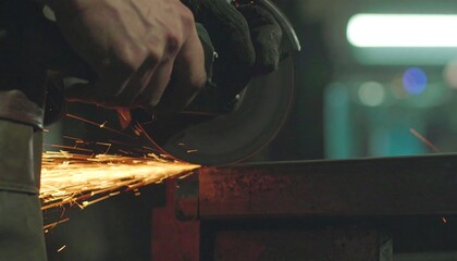 Metal worker using an angle grinder for cutting metal with sparks flying