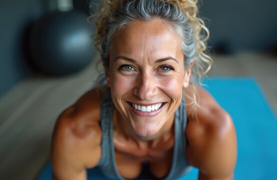 Fit middle-aged woman with grey hair smiles during gym workout on blue mat. Energetic female shows healthy lifestyle, performing physical exercise with dumbbells. Mature athlete, sporty outfit,