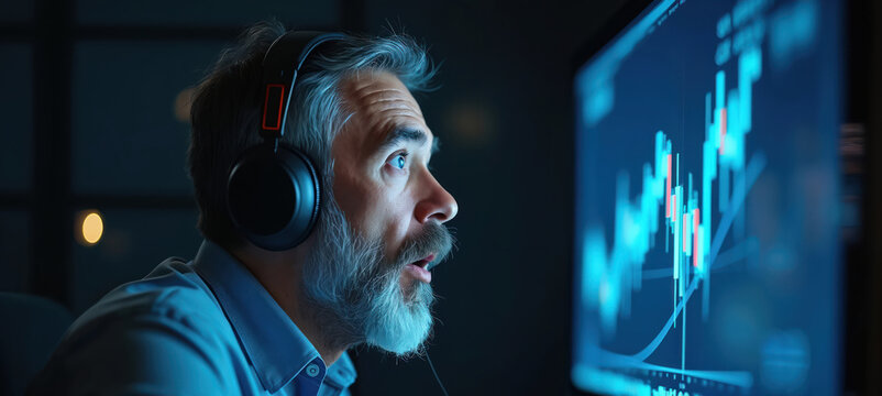 Man with headphones stares intently at computer screen displaying financial chart. Surprised expression suggests sudden market fluctuation discovery. Blue, green glowing display illuminates face in - Powered by Adobe