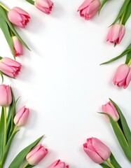 Pink tulips form a frame on white background. Flowers arrangement for valentine day, wedding, invitation, greeting card or other occasion. Spring floral design, copy space.