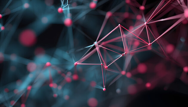 create a high resolution, 3d rendered image of an absract blue and pink geometrc background featuring conecting points and lines, pace a single