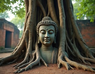 Stone Buddha statue emerges from large tree roots, ancient Southeast Asian temple ruins in background. Serene face, closed eyes. Peace, enlightenment, nature integration. Ayutthaya, Siam cultural