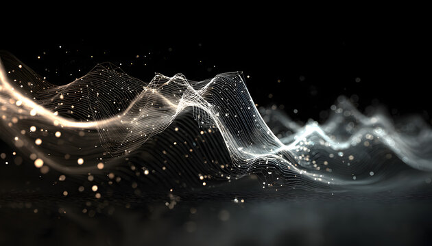 create a digital polygonal wave with 3d rendering tehnology, set against a dar background in a sunlit sktch style with glimmering ilver tones