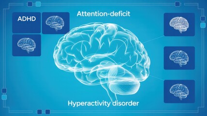 Illustration of brain with adhd, representing attention deficit hyperactivity disorder, neurological condition, and mental health awareness