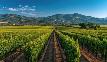 Fototapeta premium Expansive vineyard rows stretch towards distant mountains under a vibrant sky