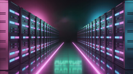 Hallway of server racks with neon lights, a futuristic data center for cloud computing and artificial intelligence applications