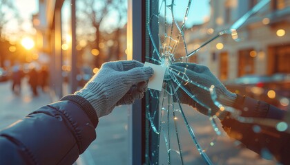 Repairing Broken Glass Exterior Display at Sunset