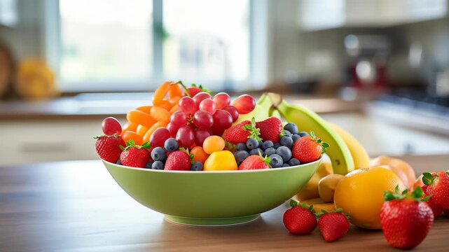 A colorful bowl of fresh fruit sits on a kitchen counter Strawberries grapes and bananas are featured