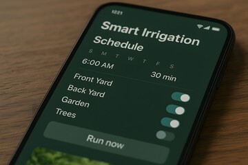 A smartphone showing smart irrigation schedule on a wooden surface. 