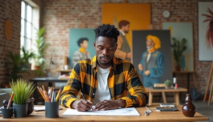 Black fashion artist at work in creative studio. Young man draws sketch, focused at desk. African american designer working indoors, creating new fashion collection concept.