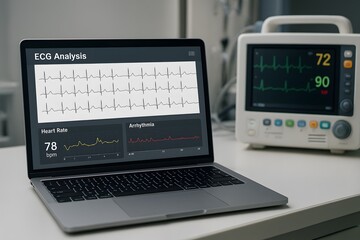 A laptop and medical monitor displaying vital signs, illustrating medical technology. 