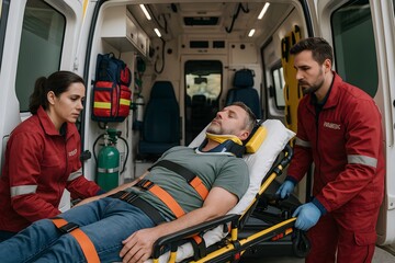 Paramedics transport a patient on a stretcher inside an ambulance.