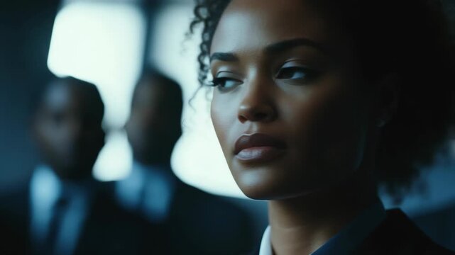 A powerful businesswoman looks intently ahead her colleagues subtly blurred in the background