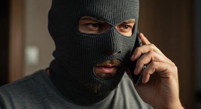 escroc t&eacute;l&eacute;phonique masqu&eacute; parlant au t&eacute;l&eacute;phone