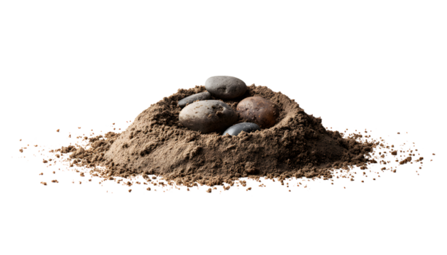 create a minimalistic and clean lined image of a pil of dirt with a hole and rcks in it, isolated on a wite background