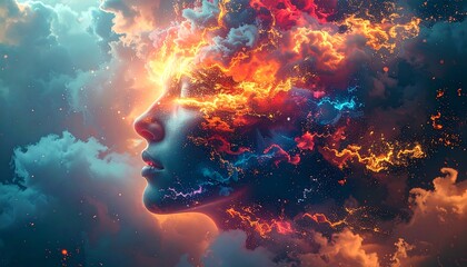 Abstract woman face, fiery clouds