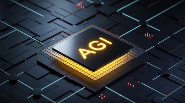Agi artificial general intelligence concept with glowing text on a futuristic microchip, symbolizing advanced ai technology