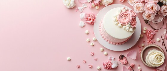 Pink and white cake with buttercream roses and flowers
