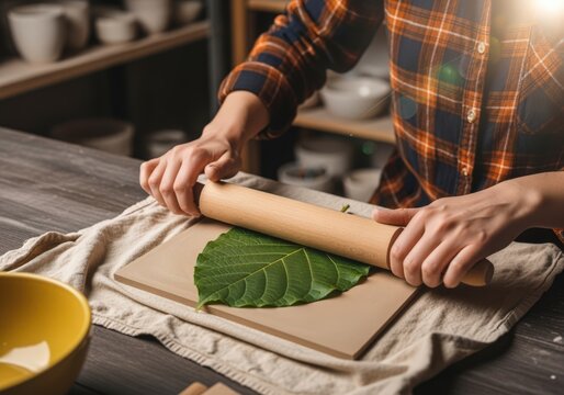 Crafter imprinting natural leaf pattern into clay