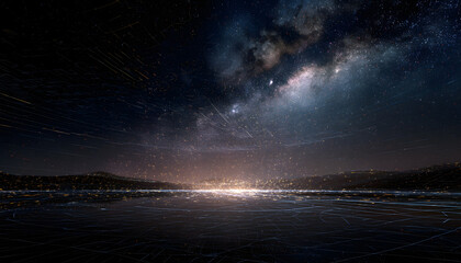 Fototapeta premium abstract landscape on a dark background, featuring ahi tech network grid that erges into a starry outer pace texture