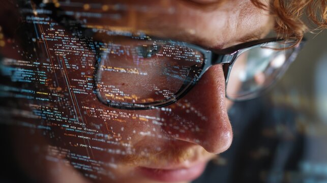Detail of a developers face reflecting lines of code on screen as they troubleshoot complex build errors in an ergonomic quiet home office environment.